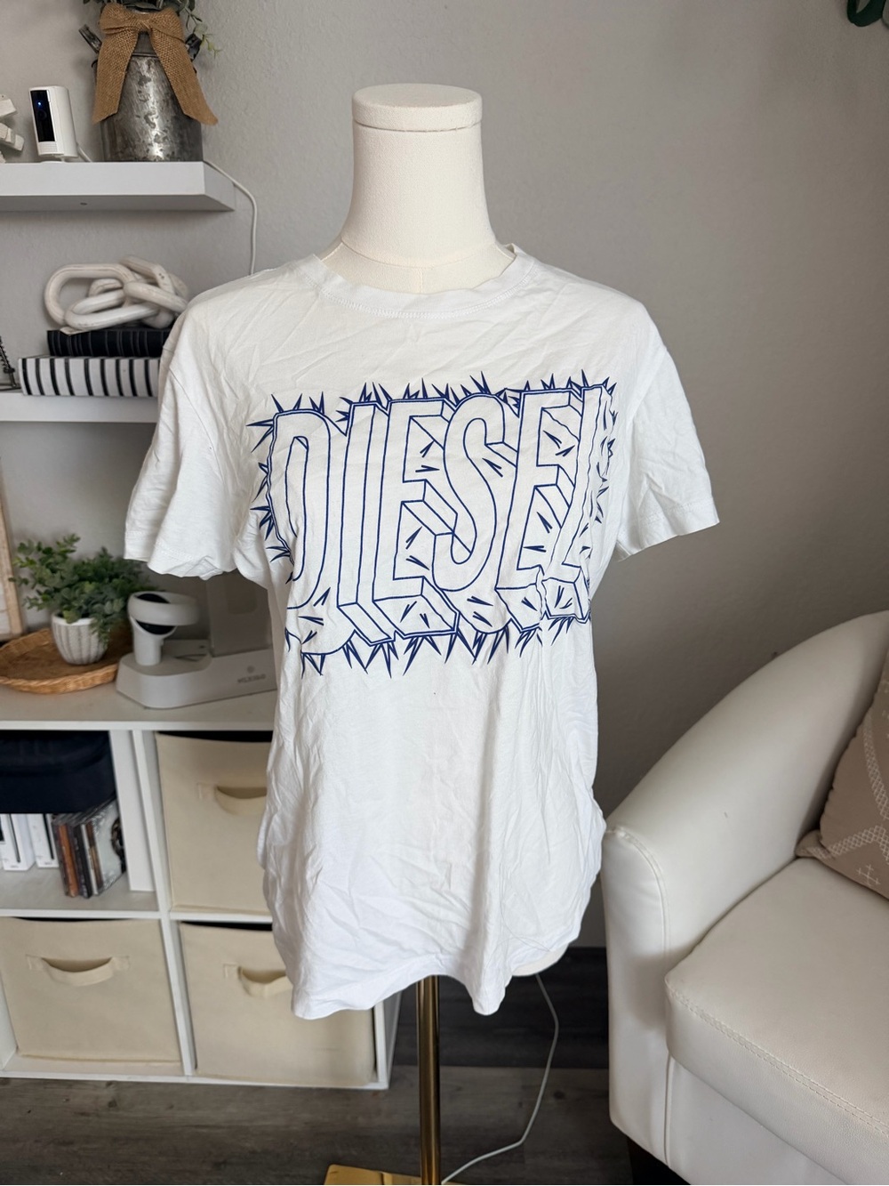 Diesel White Short-Sleeve Tee with Navy Graphic Logo